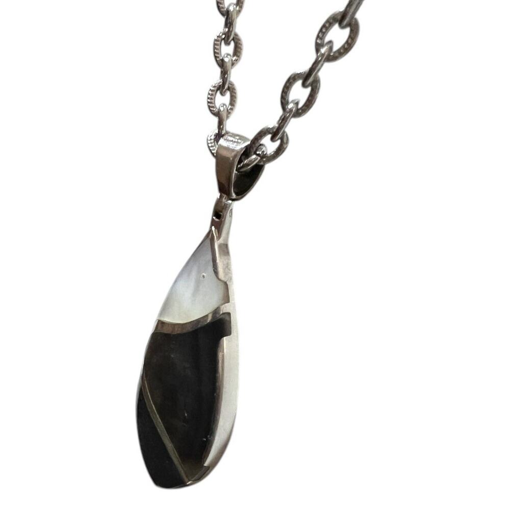 Sterling Silver 925 Necklace Onyx Mother Of Pearl Abalone Inlay Pendant Teardrop - Picture 4 of 11